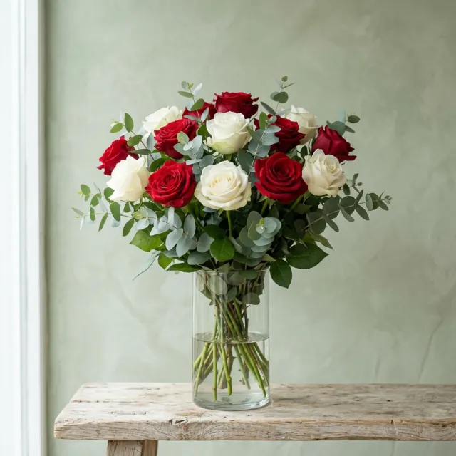 Ramo de rosas y eucalipto